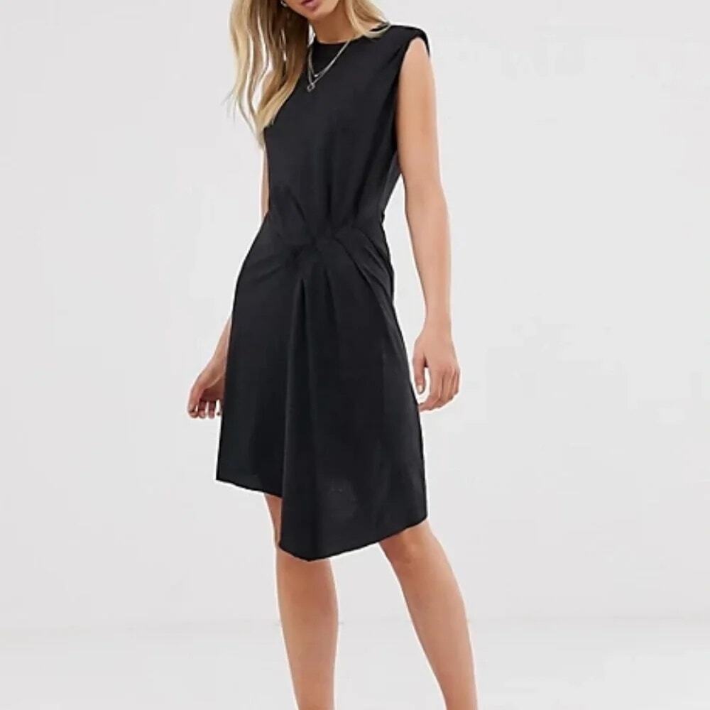 All Saints Duma Dress Heathered Black Gray Pleated Asymmetric T-Shirt SZ M